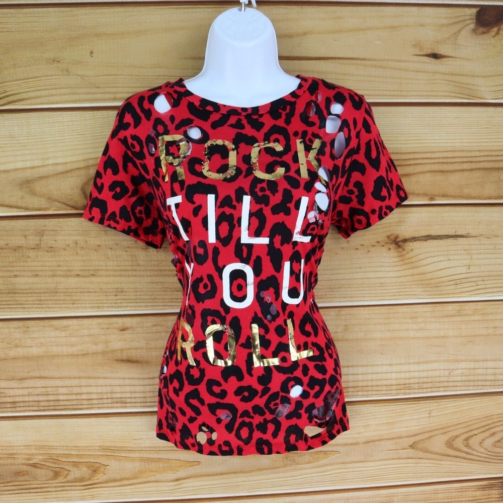 Love J Distressed T-Shirt Womens Size M Red Animal Print Rock Till You Roll NWT